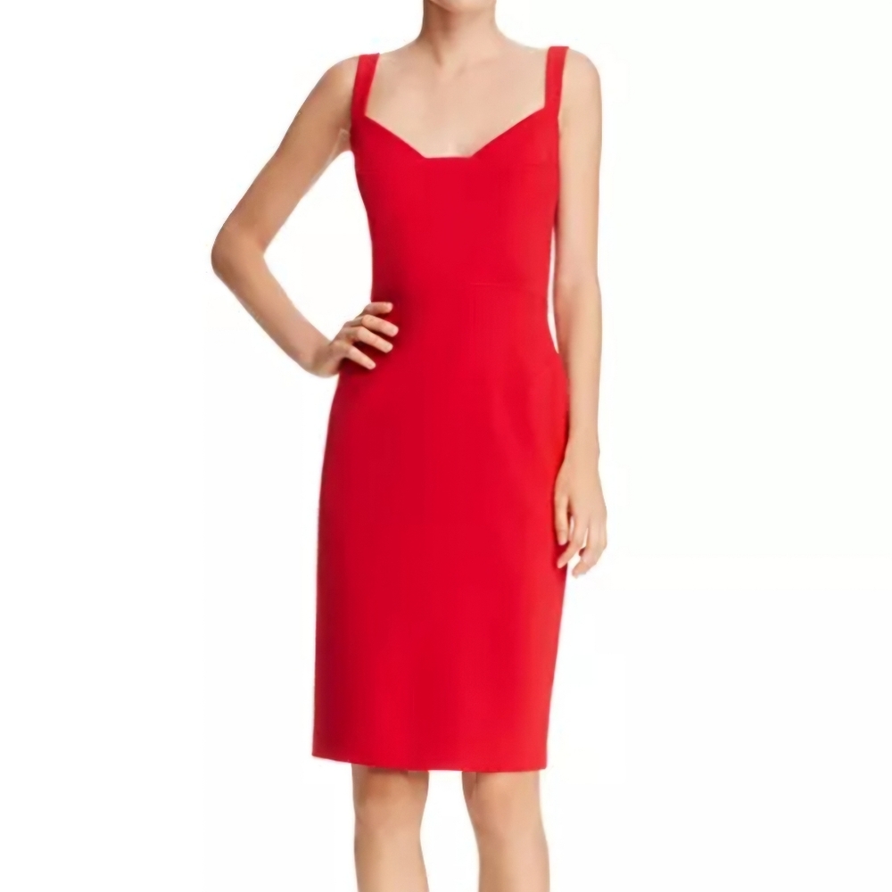 NWT Black Halo Size 4 Red Vista Sheath Sweetheart Midi Dress In Bonfire